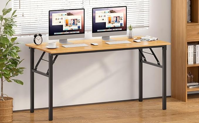 Need Folding Computer Desk, Large 60 inches Folding Table for Home Office, No Install Needed Foldable Writing Table Desk, Teak and Black