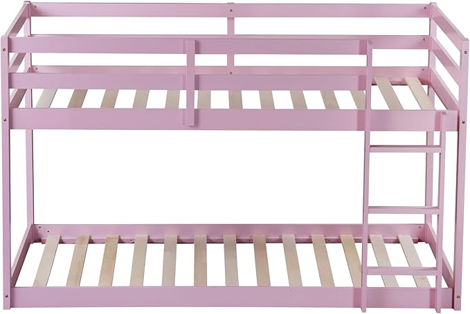 Ball & Cast Bunk Bed Twin Over Twin,Floor Bunk Bed with Ladder,Solid Rubber Wooden Bed Frame w/Full Length Guardrail,for Dormitory, No Box Spring Needed,for Kids Teens,Pink