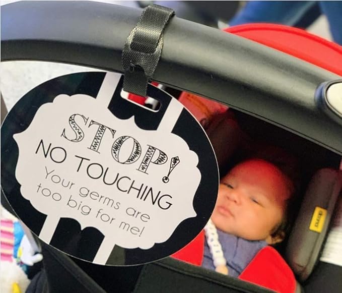 Three Little Tots Two Pack - Black and White No Touching Baby Car Seat and Stroller Signs - CPSIA Safety Tested