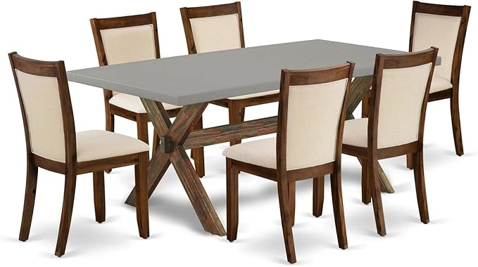 East West Furniture X797MZN32-7 7 Piece Dining Room Furniture Set Consist of a Rectangle Dining Table with X-Legs and 6 Light Beige Linen Fabric Parsons Chairs, 40x72 Inch, Multi-Color