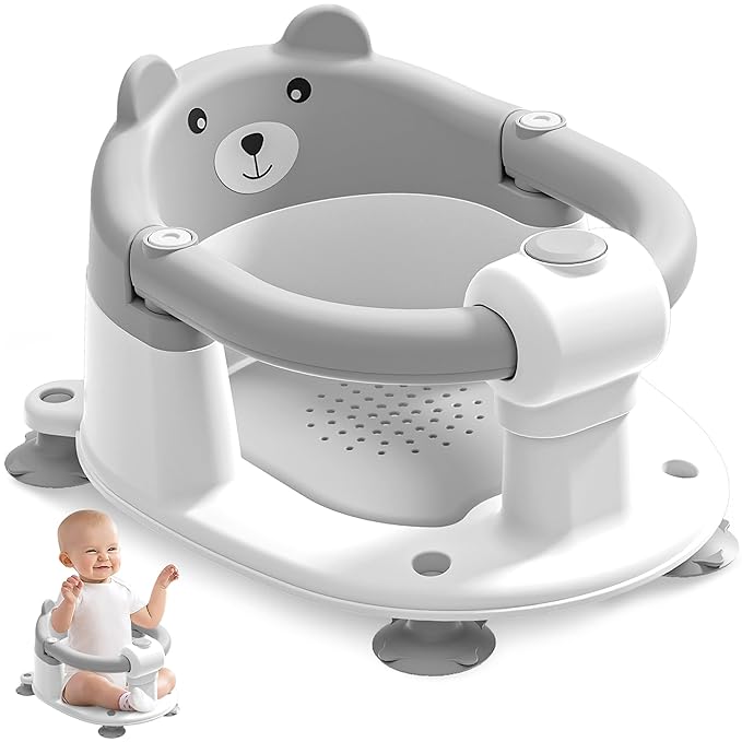 Baby Bath Seat for Babies 6 Months & up, Non-Slip Toddler Bath Seats for Babies Sitting Up, Safe Infant & Newborn Bathtub Chair with 4 Suction Cups & Soft Cushion for Shower,Gray