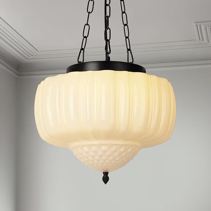 14" Vintage Milk Glass Pendant Light, Mid-Century Modern Schoolhouse Ceiling Chandelier, Vintage White Opal Flush Hanging Fixture for Kitchen Island, Dining Room, Bedroom, Living Room