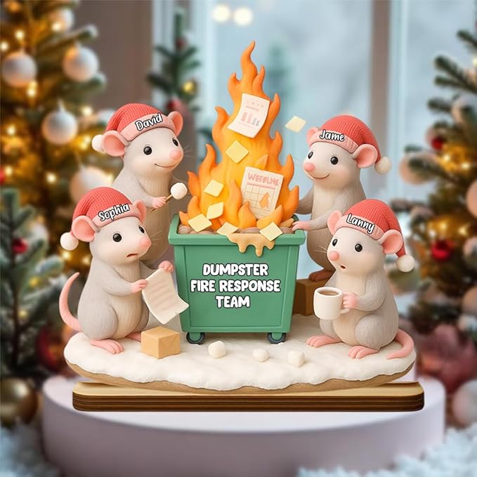 Funny Mouse Dumpster Fire Response Team Wooden Plaque 2025, Personalized Flaming Dumpster Sign, Custom Name Group Plaque, Matching Holiday Decor for Coworkers