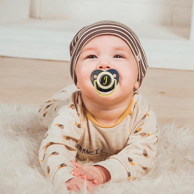 Bling Personalized Black Baby Pacifier with Pacifier Clips and Anti-dust Cover A-Z 26 Letters(Black,J)