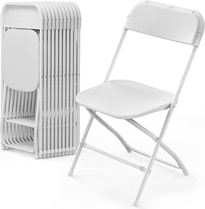 VINGLI 12 Pack White Plastic Folding Chair, Indoor Outdoor Portable Stackable Commercial Seat with Steel Frame 350lb. Capacity for Events Office Wedding Party Picnic Kitchen Dining