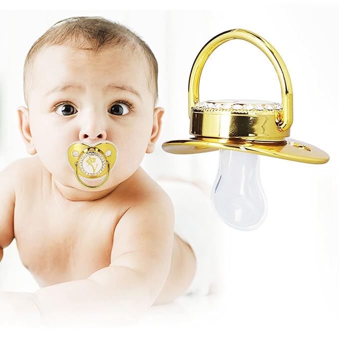 Personalized Golden Letter Baby Pacifier with Bling Design, Clips, Anti-Dust Cover for Newborn Photography