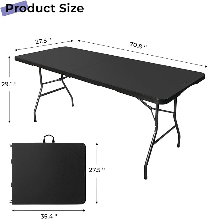 Folding Table 6ft Portable Heavy Duty Plastic Fold-in-Half 6 Foot Foldable Table Utility Dining Indoor Outdoor with Carrying Handle for Camping Picnic and Party, Black