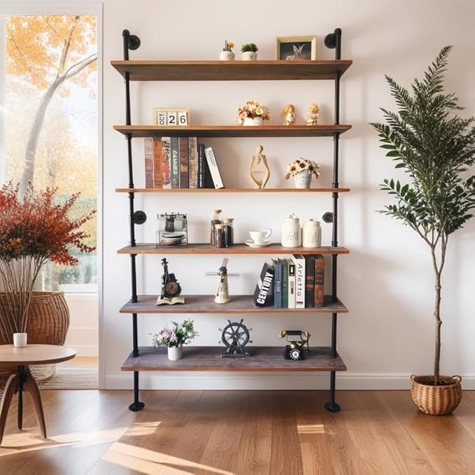 Industrial Ladder Pipe Shelf, Wall Mounted Wood Metal Bookshelf for Living Room Storage (Weathered Brown, 6 Tier - 10" D x 48" W x 82.5" H)