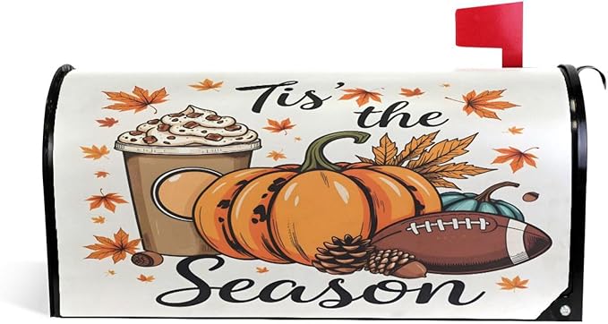 Fall Autumn Maple Leaf Pumpkin Football Magnetic Mailbox Cover MailWraps Garden Yard Home Decor for Outside Standard Size-18"x 20.8"