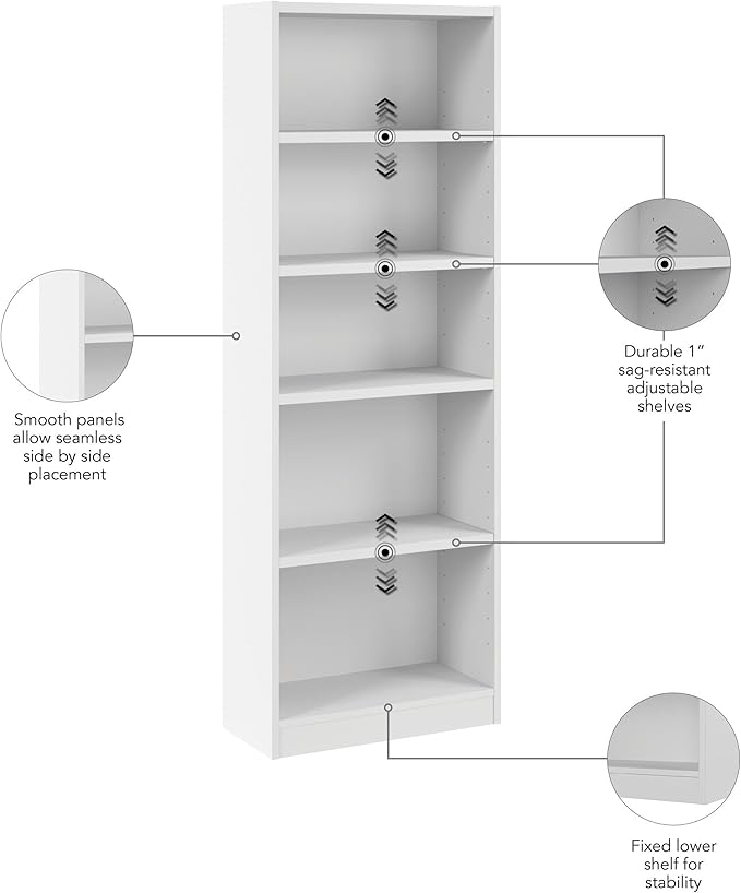 Bush Furniture Universal 25W Tall 5 Shelf Bookcase in White, Vertical Storage and Display Bookshelf for Home Office or Living Room Organization