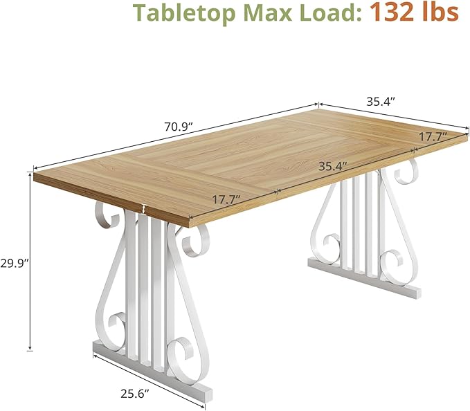Dining Table for 4-6 People, 70.87'' Rectangular Dinner Table Modern Artistic Openwork Metal Legs for Dining Room, Kitchen, Living Room