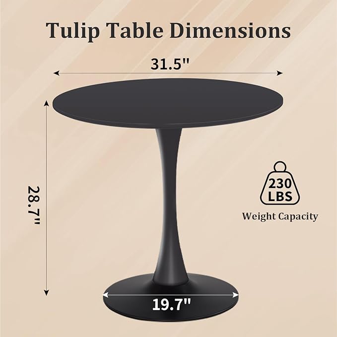 Round Dining Table,31.5”Kitchen Table for 2-4 People,MDF Table Top with Metal Pedestal Base,Tulip Design for Kitchen,Dining Room,Living Room,Leisure,Black