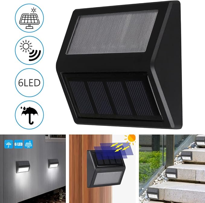 Solar Fence Lights, Waterproof Solar Outdoor Lights for Stairs Decks Steps Fences Patio Yard, LED Wall Sconce (Cool White/6 Pack)