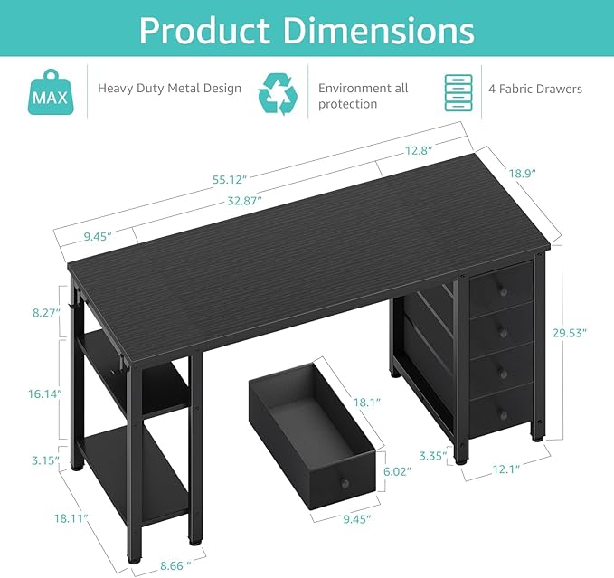 Lufeiya Gaming Desk with 4 Fabric Drawers & Storage Shelves, 55 inch Computer Writing Work Study Desk for Home Office Bedroom, Modern Simple Student PC Desks Table, Black