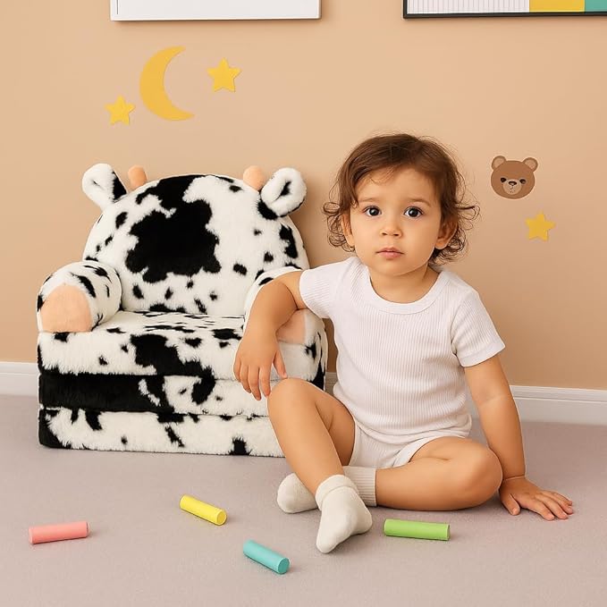 Toddler Chair with Faux Rabbit Fur – 2-in-1 Foldable Kids Couch, Soft Sofa for Reading, Napping, Bedroom or Playroom Use, 18 Months+ （Cow）