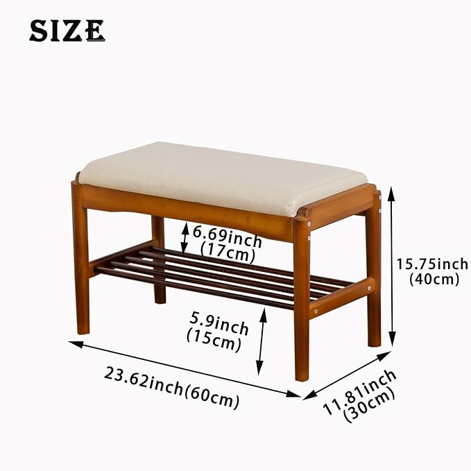 latifolia Small Shoe Bench, Solid Wood Bench with Cushion, 2 Tier Shoe Storage Organizer for Entryway(Walnut,23.62''L)