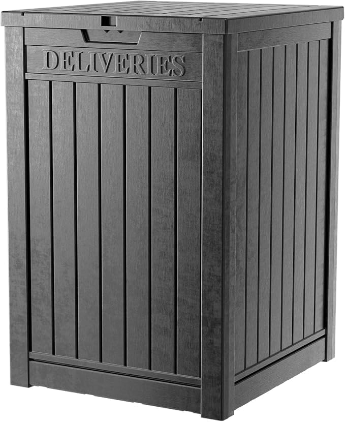 DRATO 48 Gallon Package Delivery Box, Large Lockable Storage Box, Double-Wall Resin Outdoor Package Delivery and Waterproof Deck Box for Porch, Patios（Black，48 Gallon）