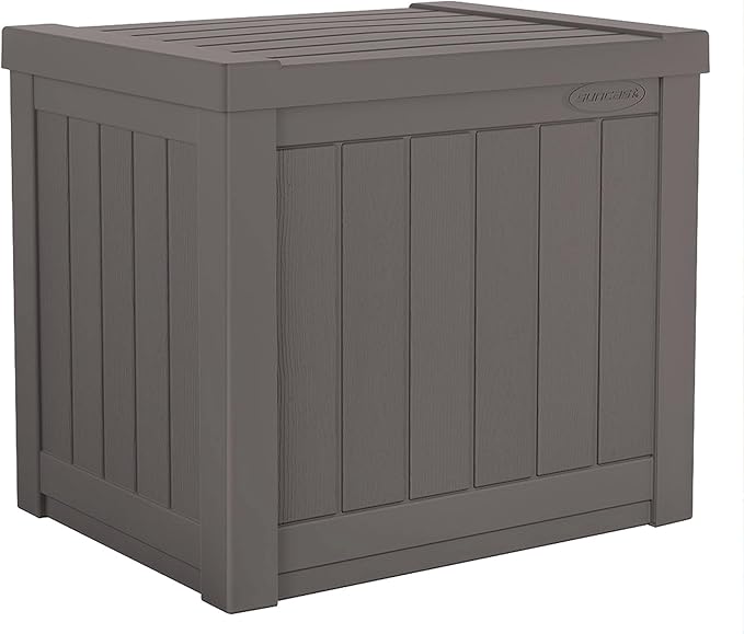 Suncast 22-Gallon Small Deck Box - Lightweight Resin Indoor/Outdoor Storage Container and Seat for Patio Cushions and Gardening Tools - Store Items on Patio, Garage, Yard - Stone Gray, Made in the USA