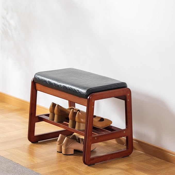 Solid Wood Shoe Bench, 2-Tier Wooden Entryway Bench, Modern Shoe Rack with Faux Leather Cushion for Hallway, Living Room (Black, 21.65'')