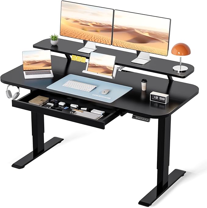 COMHOMA Electric Standing Desk with Drawers, 48 x 24'' Sit Stand up Desk with Monitor Stand, Laptop Stand, Height Adjustable Ergonomic Home Office Computer Desk with Memory Preset Controller (Black)