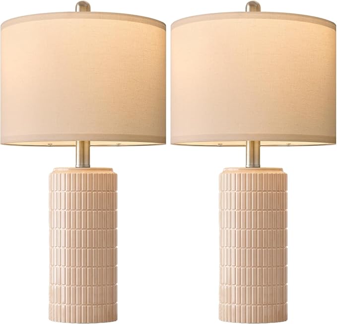 PoKat 23" Pink Ceramic Table Lamps Set of 2, Modern Bedroom Lamps for Girls Room, Bedside Lamps for Night Stands, Cute Lamps for Living Room Decor, Nightstands Desk Lamp, Pink