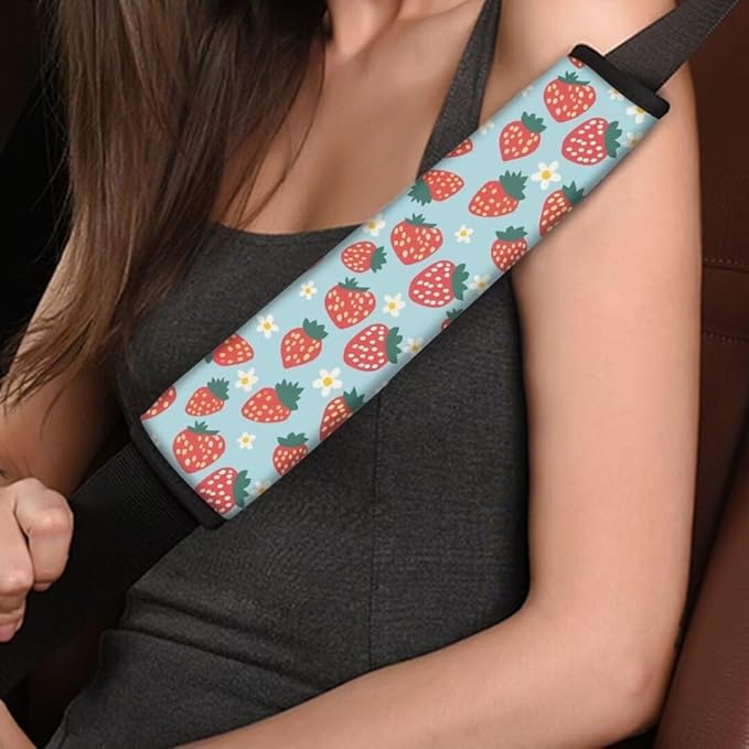 Strawberry Print Car Seat Belt Cover Soft Car Safety Seat Belt Strap Shoulder Pad for Women Men 2 Pack Universal Size