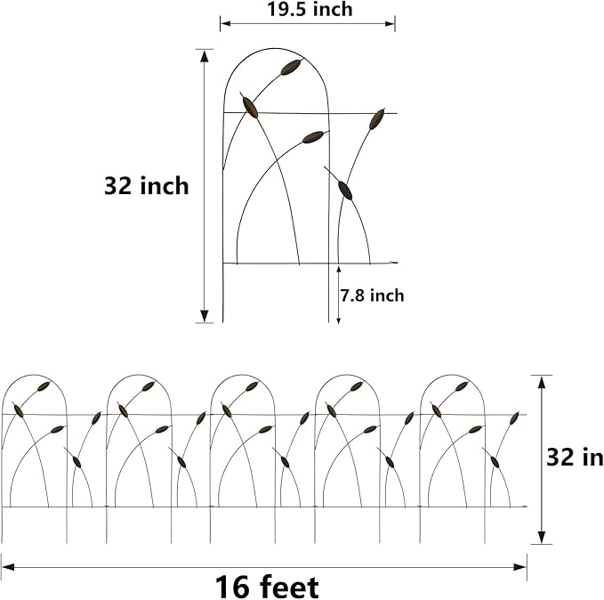 Metal Decorative Garden Fence Border, 32 in x 16 ft,Rustproof Wrought Iron Landscape Fencing for Flower Bed, Trees (Dark Brown)