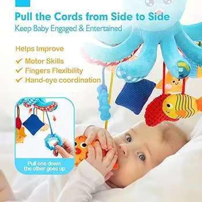 Hanging Toys with Pulling Cords, Squeaky, Rattle, Mirror, Newborn Sensory 0-12 Month Babies Gift Carseat Stroller Hanging Toy for Baby Gym
