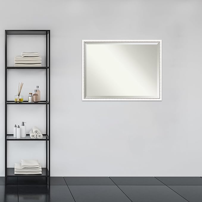 Amanti Art White Bathroom Mirror for Over Sink, 32x42 Morgan White Silver Rectangle Vanity Mirror, X-Large Modern Contemporary Wood Frame, Hangs Horizonally and Vertically, Bathroom Wall Decor from WI