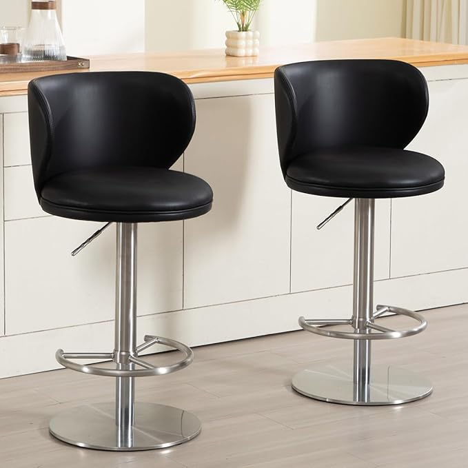Black Titanium Stainless Steel Bar Stools,Grade Modern Leather Bar Chair with Backrest,Swivel Adjustable Height for Kitchen Counter and Dining Room (Black Leather-2pcs)