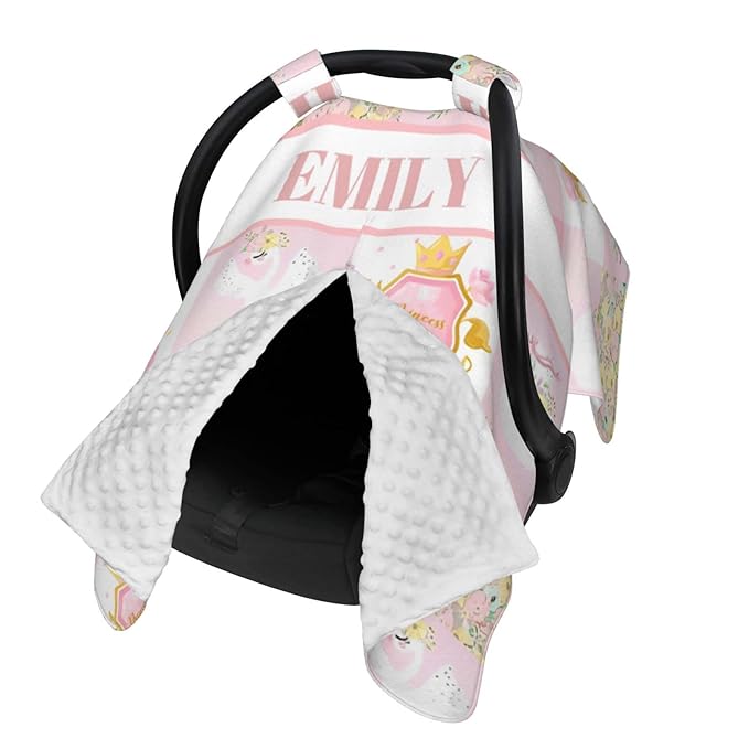 Personalized Minky Car Seat Canopy for Girl Boy, Custom Name Stroller Car Seat Covers Cover for Infant Newborn Shower Gift, Nursing Opening Carseat Cover for Breastfeeding, Swan Princess