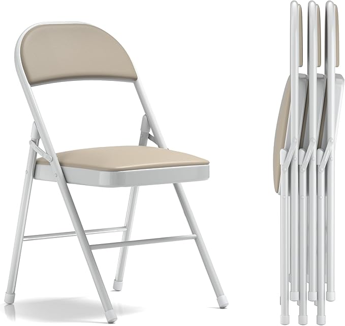 VECELO 4-Pack Folding Chairs Portable Metal with Ultra Soft PU Padded Cushion Seats for Home Office, Beige