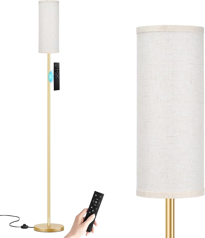 Ambimall 64'' Floor Lamps for Living Room with Remote Control and Stepless Dimmable Colors Temperature & Brightness, 9W Bulb Included(Beige Lampshade & Gold Pole)