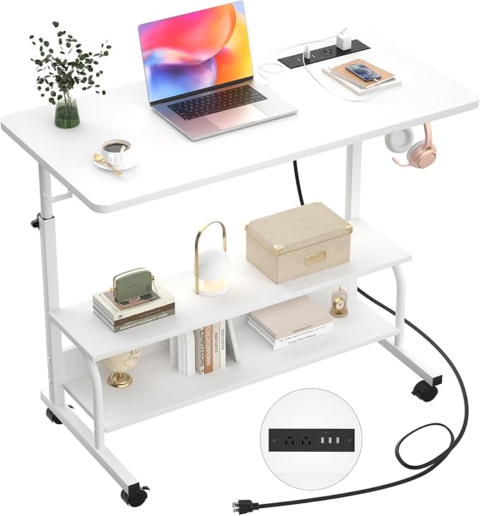 Armocity Height Adjustable Standing Desk with Power Outlets, 32" Manual Stand Up Desk with Storage Shelves Small Mobile Rolling Computer Desks Portable Laptop Table with Wheels for Home Office, White