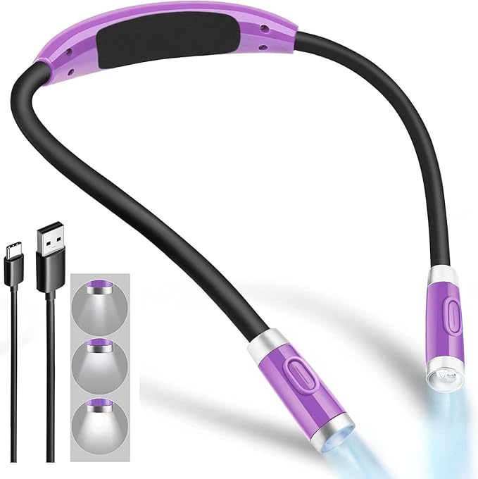 LED Reading Light, Rechargeable 4 LED Neck Book Light, Flexible Neck Lamp for Reading in Bed or Car with Adjustable Brightness, Ideal for Bookworms Kids Crafts Knitting Travel or BBQ (Purple)