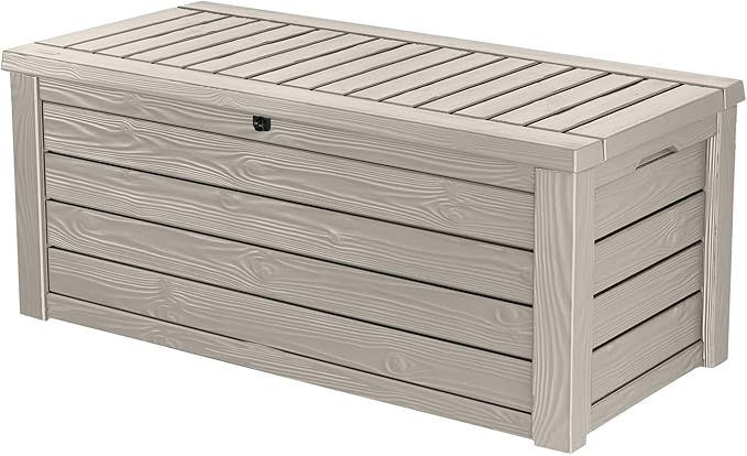 Keter Westwood 150 Gallon Resin Large Outdoor Storage Box for Patio Furniture, Outdoor Cushions, Garden Tools and Pool Floats, Beige