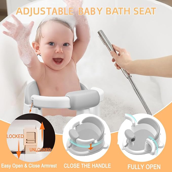 Baby Bath Seat for Babies 6 Months & Up, Toddler Bath Seats for Babies Sitting Up, Non-Slip Infant Bath Tub Chair with Suction Cups & Soft Cushion for Shower, Compact Toddler Bathtub Seat, Grey