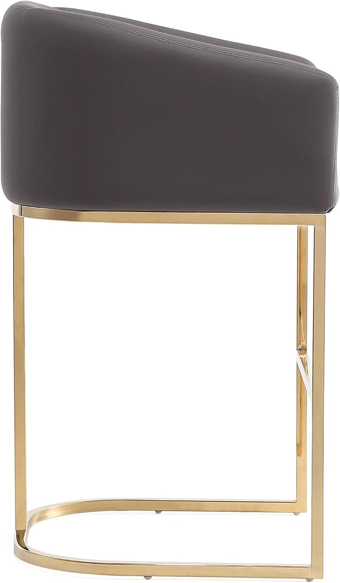 Manhattan Comfort Louvre 26 Inch Mid Century Modern Counter Height Bar Stools - Elegant Faux Leather Padded Seat, Stainless Steel Base with Footrest, Fully Assembled Barstools, Set of 1, Grey