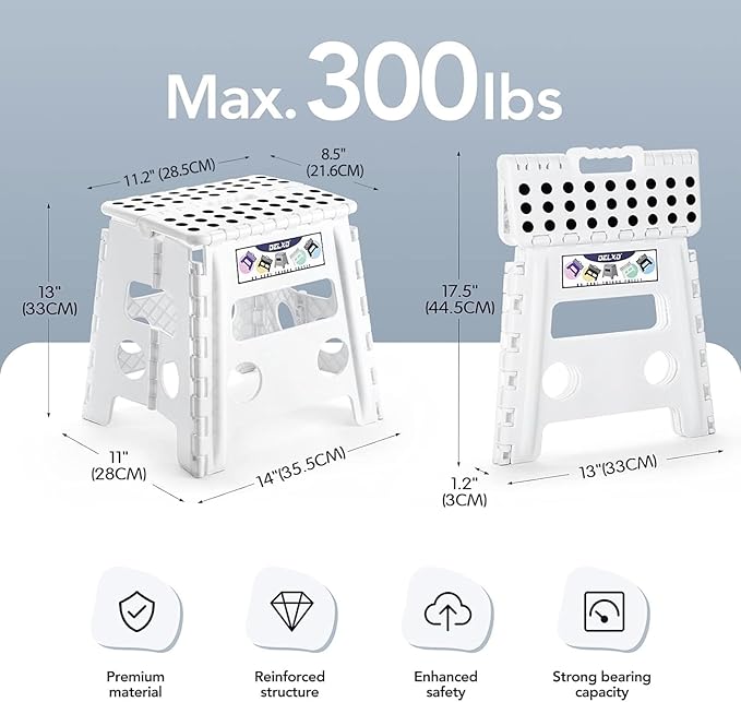 Delxo 13" Folding Step Stool for Kids and Adults, Non-Slip Foldable Step Stools with Handle,Plastic Portable Folding Stool for Bathroom,Bedroom,Kitchen,Hold up to 300lbs White