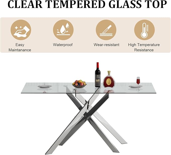 51.2" Glass Dining Table, Modern Kitchen Table for 4-6 People, Contemporary Rectangular Dining Room Dinner Tables with Clear Glass Top & Silver Metal X Legs for Kitchen Apartment