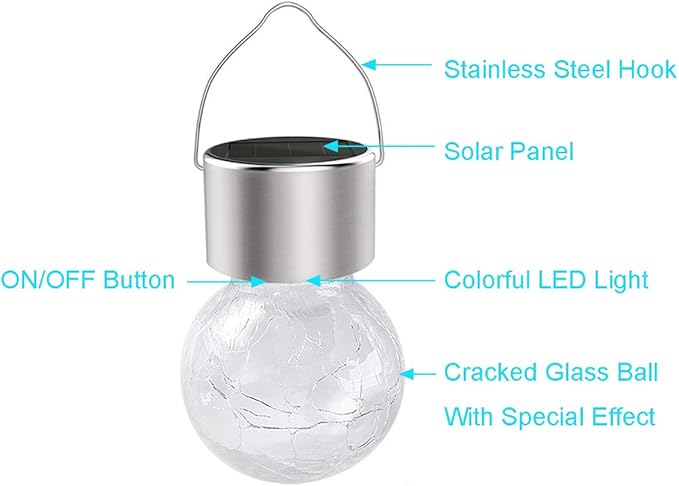 Hanging Solar Powered LED Light with 7 Color Auto-Changing, Cracked Glass Ball Light, Waterproof Outdoor Christmas Decorative Lantern for Garden, Yard, Patio, Lawn (Colorful, 1)