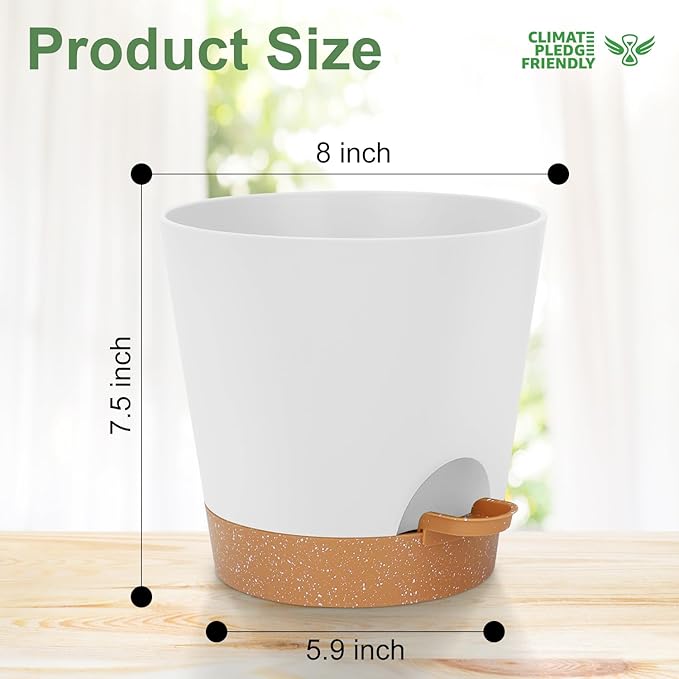 8-Inch Plant Pots, Self-Watering Planters with Drainage Holes & Saucers for Indoor and Outdoor Plants (2-Pack, White)