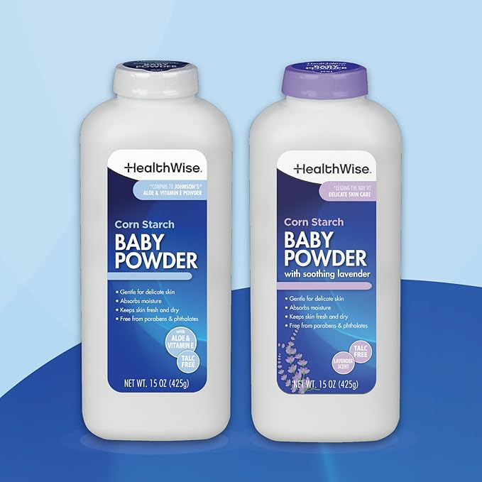 HealthWise Corn Starch Baby Powder | Aloe + Vitamin E | Talc Free | Paraben & Phthalate Free | Absorbs Moisture | 15 oz (425g)