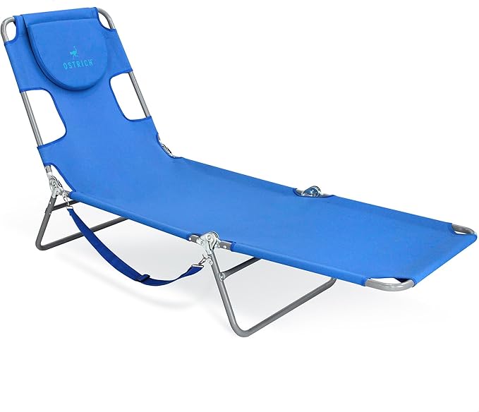 Ostrich Beach Lounge Chair, Folding & Reclining Outdoor Chaise Lounger, Blue - Portable Adjustable Recliner Chair for Lawn, Pool, Patio, Garden, and Yard