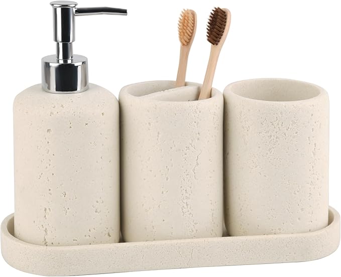Bathroom Accessories Set,4 Piece Travertine Stone Look Bathroom Accessory Set with Soap Dispenser,Toothbrush Holder,Vanity Tray,Tumbler,Bathroom Organizer for Modern Bathrooms - Beige
