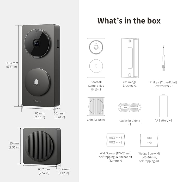 Aqara Smart Doorbell Camera G410 with Chime, 2K, HomeKit Secure Video, 2-Way Audio, Built-in Matter Hub, Wireless/Wired, Supports Apple Home, Alexa, Google, Home Assistant, 2.4G/5GHz Wi-Fi, Gray