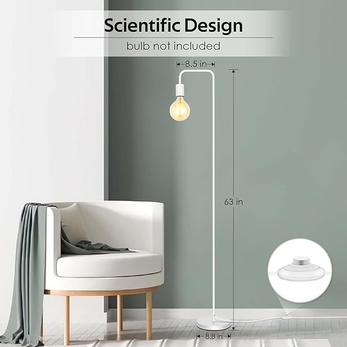 BoostArea Floor Lamp, White Industrial Floor Lamp, 63In Standing Lamp, E26 Socket, On/Off Footswitch, Whole Metal, ETL Listed, Modern Small Lamp for Bedroom, Living Room, Minimalist, Vintage, Mid-Age