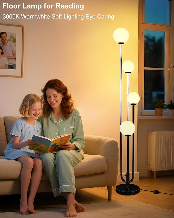 Lightdot Black Globe Floor Lamp 4-Lights Dimmable Floor Lamps with Tray 3000K Bulbs Included Unique Candle Standing Lamp for Living Room/Bedroom/Sofa Beside/Corner Decor