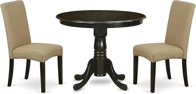 East West Furniture ANDR3-CAP-03 3 Piece Dining Room Table Set Contains a Round Kitchen Table with Pedestal and 2 Brown Linen Fabric Parsons Dining Chairs, 36x36 Inch, Cappuccino
