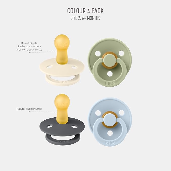 BIBS Colour Soother 4-Pack | BPA Free Dummy Pacifier | Round Nipple | Natural Rubber Latex | Made in Denmark | Size 6-18 Months | Iron Mix